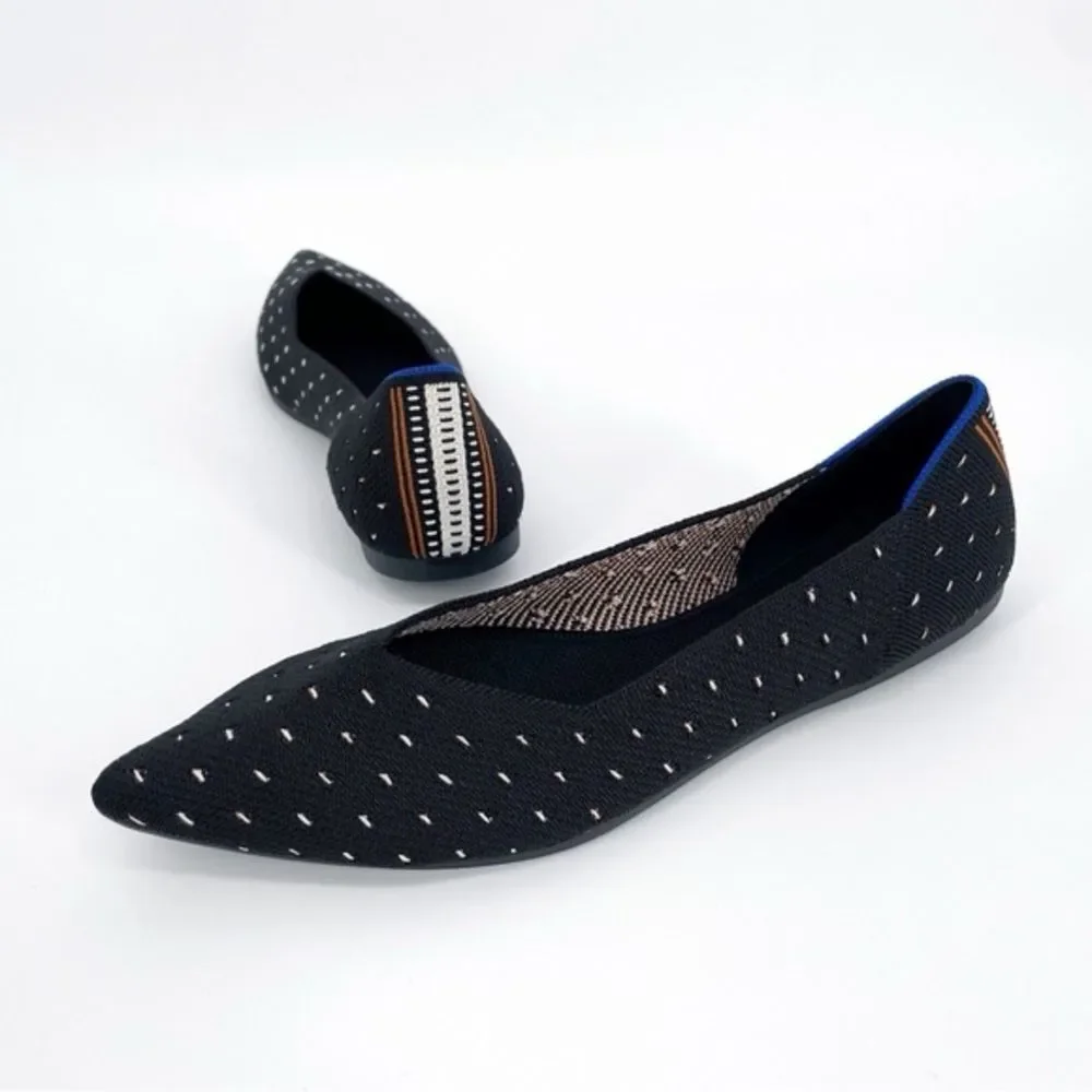 Rothy's RETIRED The Point Ivory Polka Dot Black Knit Ballet Flats Shoes Size 7